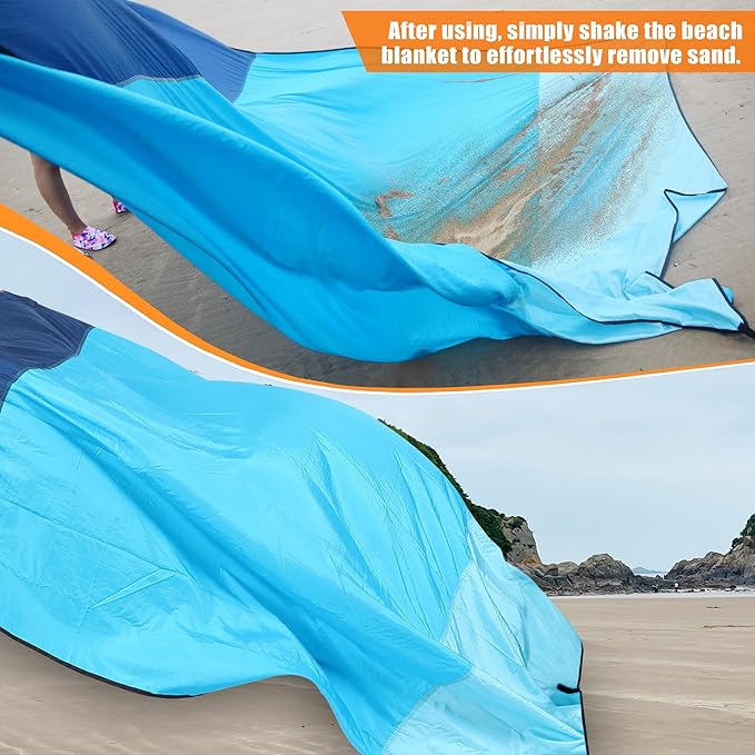 Beach Blanket Sandproof, Extra Large Beach Mat, Sand Free Mat Quick Drying, Lightweight, Soft & Durable Mat for Beach, Yard (Blue & Sky Blue, 6.6 x 6.6 FT (1～4 Person))