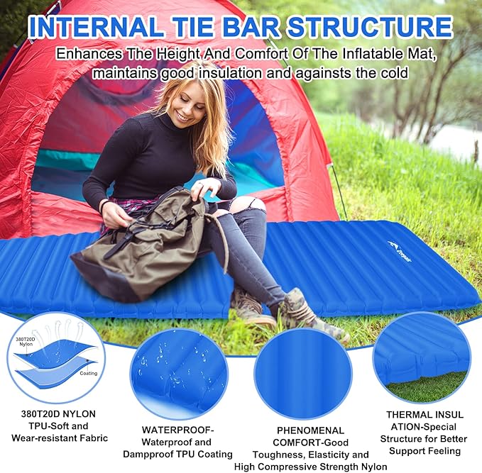 Sleeping Pad for Camping - Ultralight Inflatable Sleeping Mat for Camping Backpacking Hiking Tent Traveling - Portable Compact Lightweight Waterproof Air Mattress with Inflating Bag - Blue