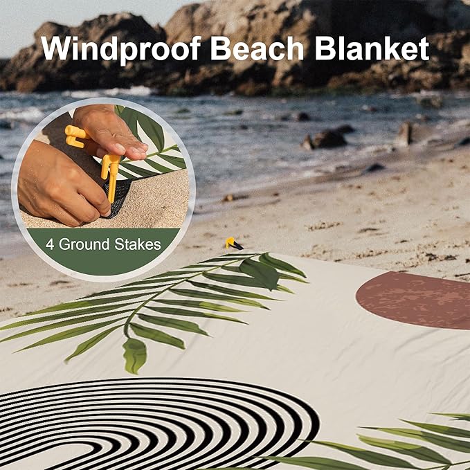 Bohemian Beach Blanket, 78''×86'' Large Waterproof Sandproof Beach Picnic Blanket 4 Adults, Polyester Lightweight Compact Sand Free Beach Mat w/ 4 Stakes for Travel, Camping, Hiking - Rainbow Leaves
