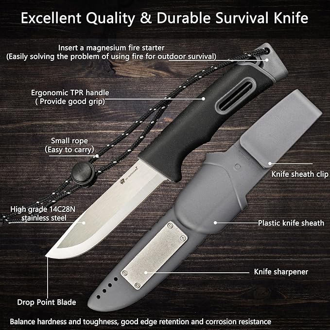 HX OUTDOORS Extra Sharp Survival Bushcraft Knife with Fire Starter, Premium 14C28N Steel Fixed Blade Camping Knife with Sheath for Outdoor, Hiking, Backpacking(Black)