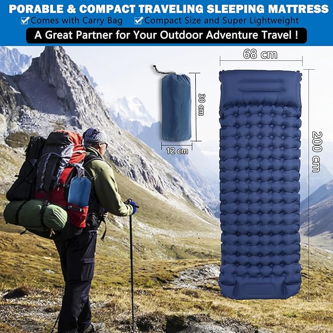 Self Inflating Camping Sleeping Pad, Built-in Foot Pump & Pillow Inflatable Camping Mat Single Air Mattress for Hiking, Camping Mattress Sleeping Pad for Camping Hiking Tent Travel