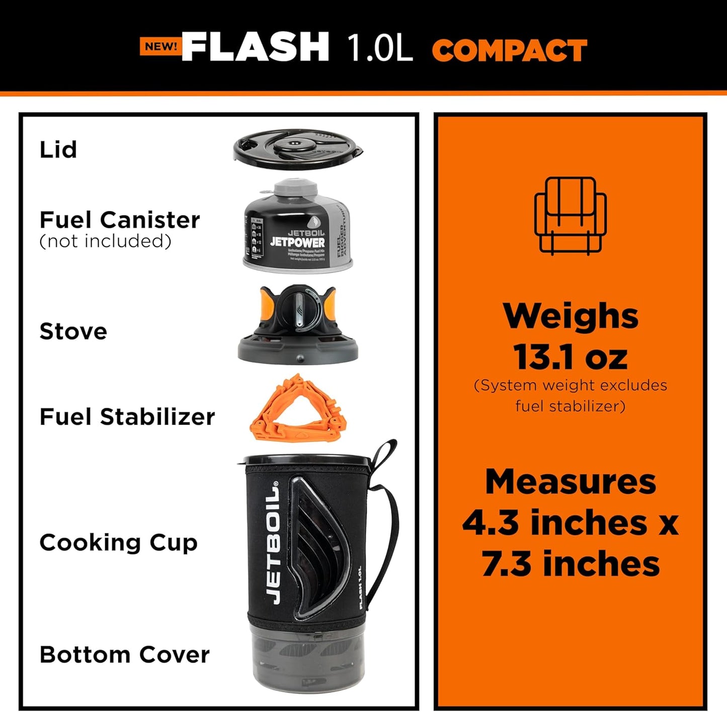 Jetboil Flash 1.0L Portable Fast Boil Stove for Camping and Backpacking with 1-Step Auto Ignition, New for 2025, Propane/Isobutane Burner with Cooking Cup