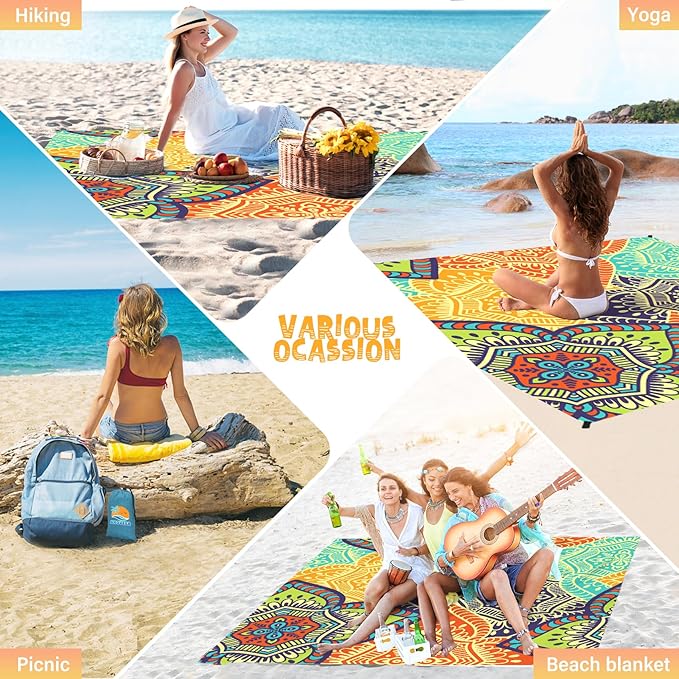 Beach Blanket Waterproof Sandproof 1-7 Adult Oversized 78 '' × 110 '' Lightweight Durable Compact Sand Free Beach Mat for Travel Camping Hiking Picnic Blanket Extra Large