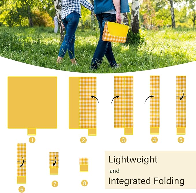 Picnic Blankets Waterproof Foldable Yellow Gingham Beach Outdoor Blanket Tote handbag for Park Travel Camping (40x60 inch)