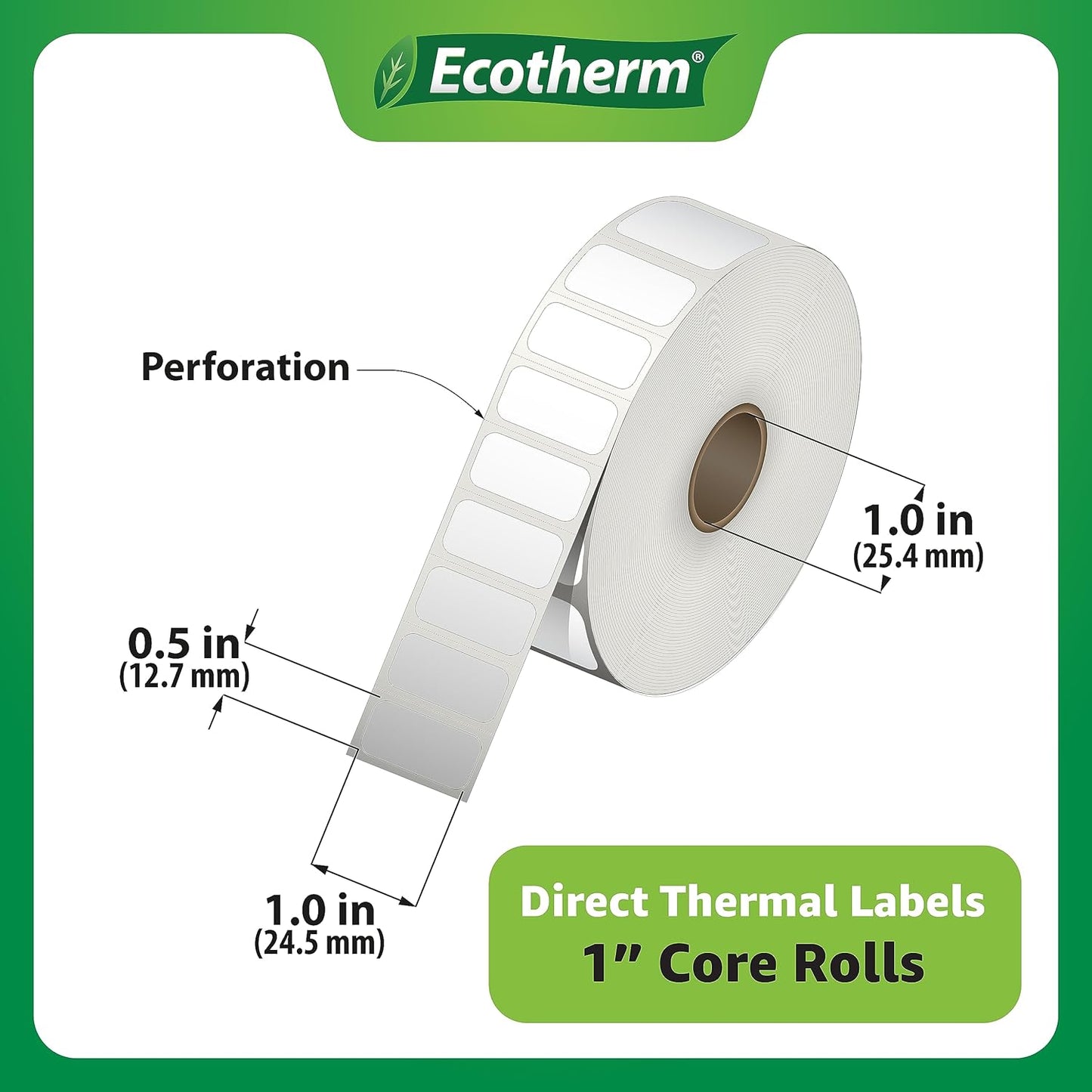 1" x .5" Thermal Labels | 4 Rolls | 9800 Labels | fits Zebra, Godex, Arkscan, iDPRT, Offnova Thermal Label Printers and More | Blank White Adhesive Stickers by Ecotherm