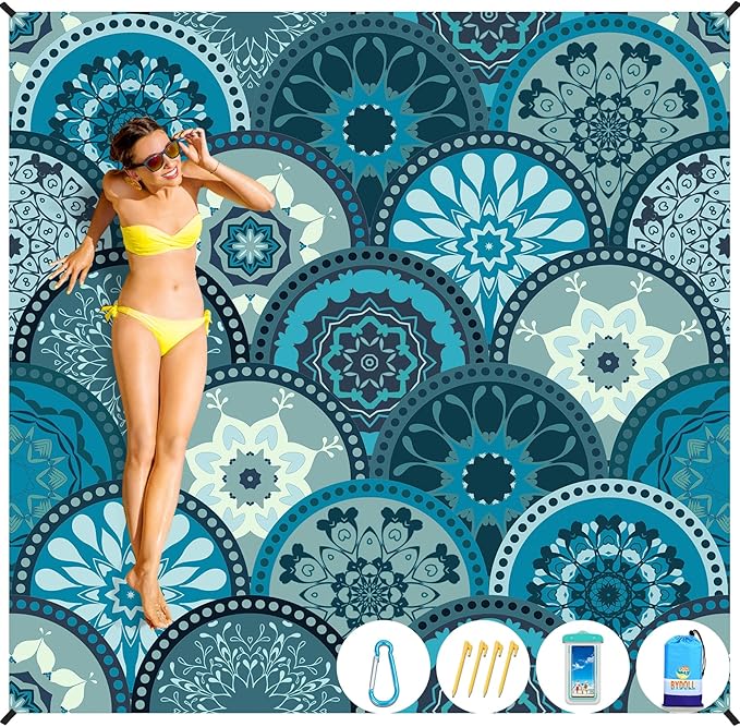BYDOLL Beach Blanket Sandproof Waterproof 78''×81'' 1-4 Adults Compact Lightweight Oversized Beach Blanket Large Picnic Mat Beach Blanket for Travel Camping Hiking Picnic
