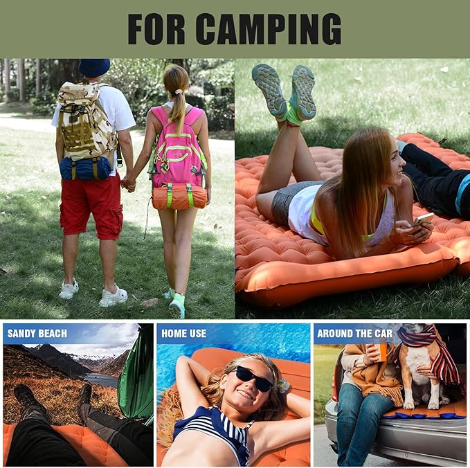 Sleeping Pad for Camping, Lightweight Waterproof Camping Air Mattress with Built-in Pump Camping Bed for Backpacking Gear, Hiking, Tent, Traveling Orange