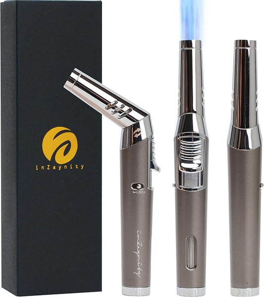 Pen Torch Lighter - Refillable Single Flame Butane Torch Lighter for Candle, & Cooking w/Adjustable Flame & Ignition Lock - Luxurious Handheld Camping Lighter & Gift Box by inZaynity - Grey & Steel