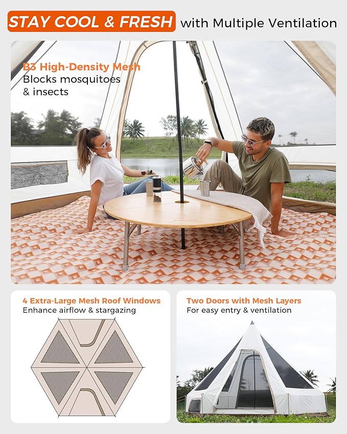 KingCamp Camping Tent 6-8 Person, Weatherproof Hot Tent Large Family Cabin Tents with Stove Jack, Waterproof & Windproof for Family Camping & Outdoor Parties