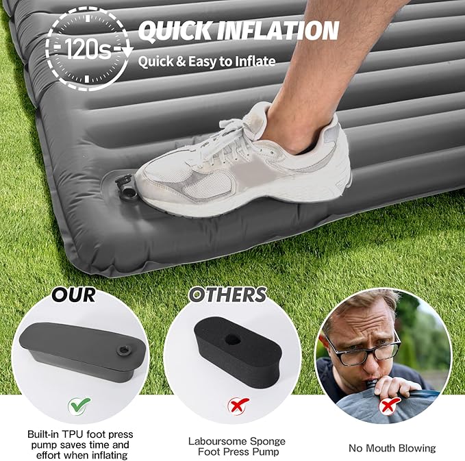 LAMA Double Sleeping Pad for Camping, 2 Persons Self Inflating Camping Mattress for Sleeping, Ultra-Thick 4" Sleeping Mat with Pillow Built-in Pump, Ultralight Camping Mat for Backpacking, Hiking, GY