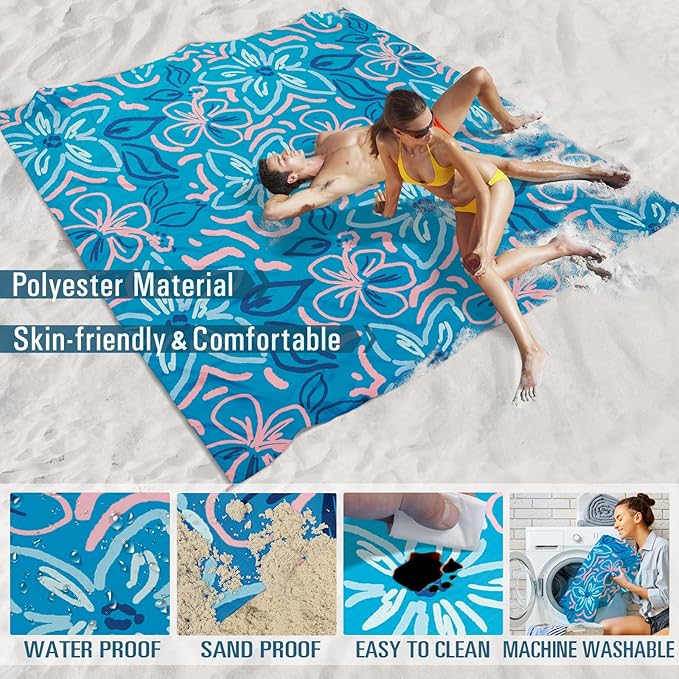 Beach Blanket Sandproof Waterproof 78''×81''1-5 Adults Oversized,Compact Lightweight Durable Beach Mat for Travel Camping Hiking Picnic Blanket