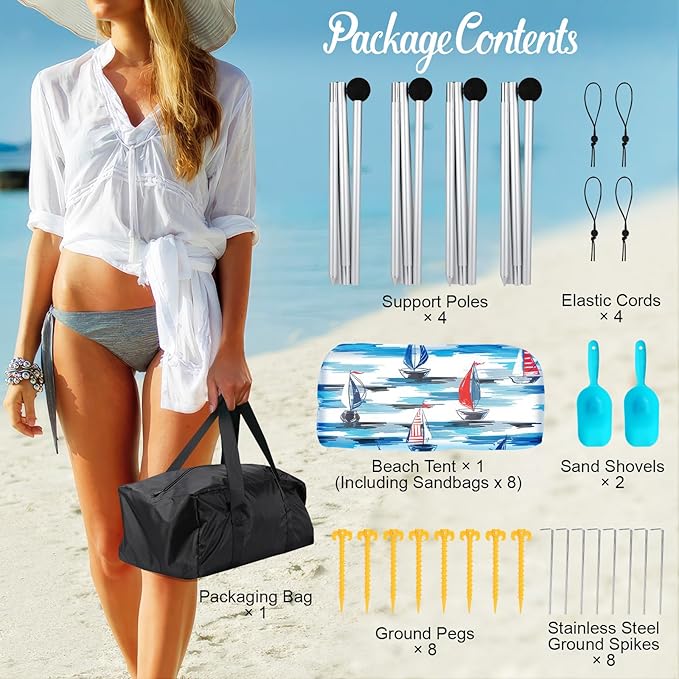 Rhino Valley Beach Tent Sun Shelter, Beach Canopy Tent Sun Shade UPF50+ Protection with 8 Sandbags 4 Stability Poles, Outdoor Beach Shade Canopy for Beach, Camping, Fishing