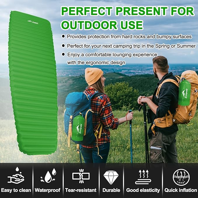 Sleeping Pad for Camping - Ultralight Inflatable Sleeping Mat for Camping Backpacking Hiking Tent Traveling - Portable Compact Lightweight Waterproof Air Mattress with Inflating Bag - Green