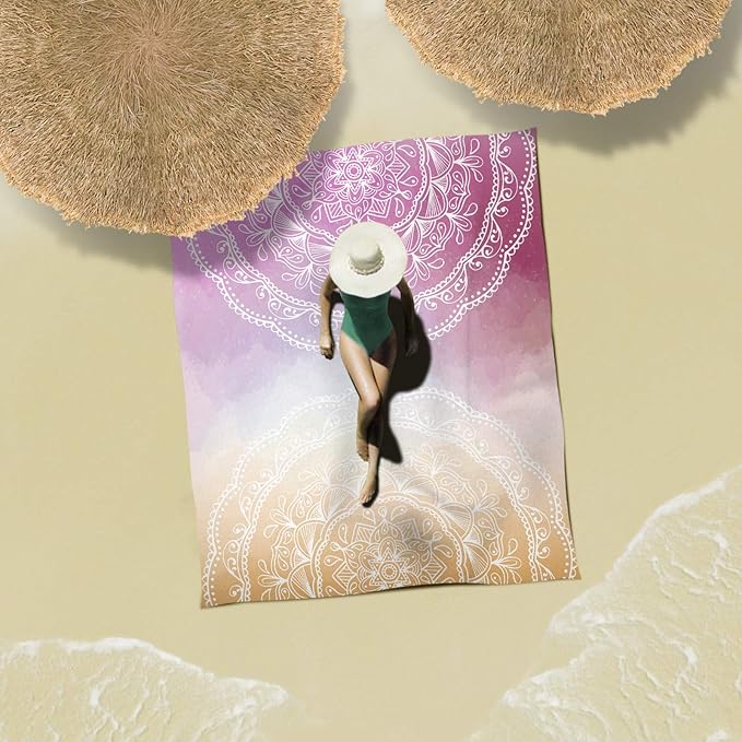 Sunlit Silky Soft 85"x72" Boho Sand Proof Beach Blanket Sand Proof Mat with Corner Pockets and Mesh Bag for Beach Party, Travel, Camping and Outdoor Music Festival, Orange Purple Mandala