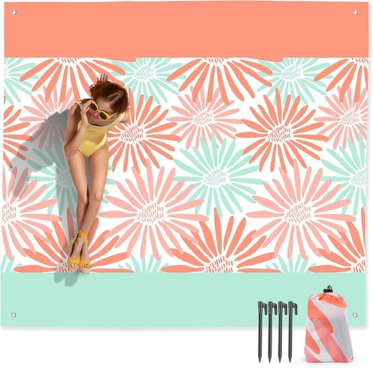 Mooreeke Beach Blanket Extra Large Oversized 9 x 8 ft, Colorful Flowers Sandproof Waterproof Quick Drying Lightweight Compact Outdoor Blanket Beach Mat for Family Travel Camping Picnic, 1-8 Adults