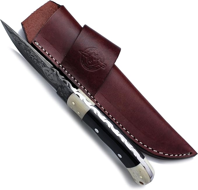Handmade Damascus Steel Fixed Blade Bowie Knife for EDC,Hunting,Survival,Camping,Bushcraft,and Fishing with Drop Point Full Tang Bone Handle with Cowhide-Leather Sheath - WKD-783