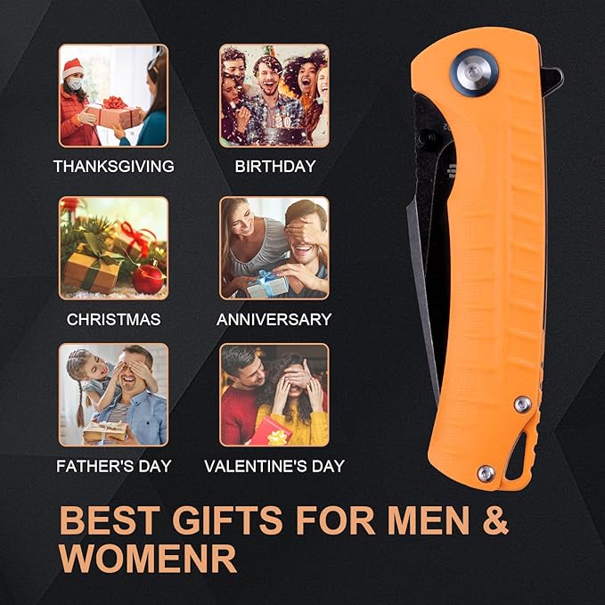 Relicanth Pocket Knife, 3.2" Stonewashed Titanium Coating D2 Blade Orange G10 Handle Liner Lock Folding Knife with Pocket Clip Qualified as Outdoor Hunting Knife