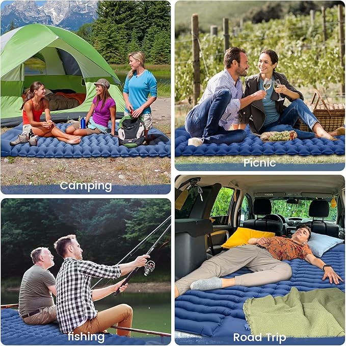 Double Sleeping Pad 4" Self Inflating Camping Mat with Pillow Built-in Foot Pump Portable 2 Person Camping Pad Waterproof Camping Mattress for Camping Backpacking Hiking Traveling Tent Blue…