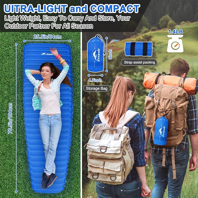 Sleeping Pad for Camping - Ultralight Inflatable Sleeping Mat for Camping Backpacking Hiking Tent Traveling - Portable Compact Lightweight Waterproof Air Mattress with Inflating Bag - Blue