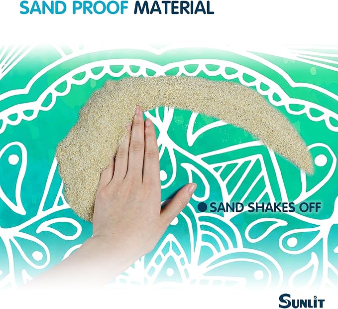 Sunlit 10'x9' Extra Large Boho Sand Proof Beach Blanket, Sand Proof Mat with Corner Pockets and Mesh Bag for Beach Party, Travel, Camping and Outdoor Music Festival, Bright Turquoise Mandala