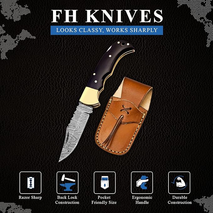Handmade Damascus Pocket Knife for Men - Thoughtful Husband Present for Anniversaries - 6.5 Inch Folding Knife with Back Lock, Perfect for Camping and Hiking - Damascus Knife with Sheath