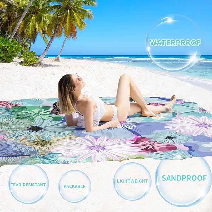 BYDOLL Beach Blanket Sandproof Waterproof 78''×81'' 1-4 Adults Compact Lightweight Oversized Beach Blanket Large Picnic Mat Beach Blanket for Travel Camping Hiking Picnic