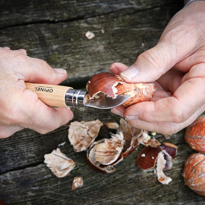 Opinel No.7 Folding Chestnut and Garlic Knife, European Chestnut Wood Handle, 12C27 Stainless Steel Blade