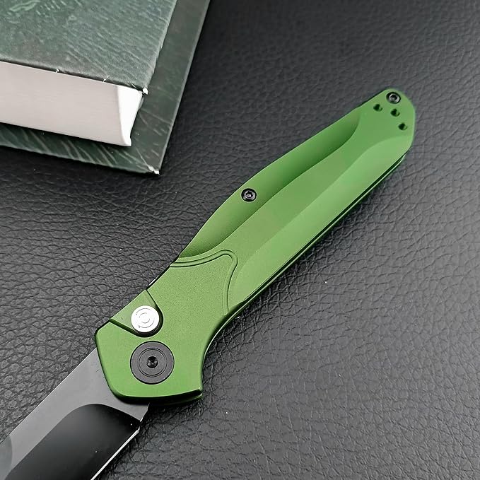 HUAAO 7.7” Assisted Opening Push Button Pocket Knife, Folding Knife with Reversible Pocket Clip, 3.14” D2 Blade and Green Aluminum Alloy Handles, Outdoor Survival Knife EDC Hunting Tool