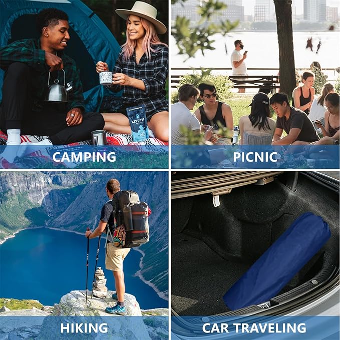 WILD FUN Double Sleeping Pad, 2in Memory Foam Camping Mattress 2 Person with Pillow, 5R Insulated Self Inflating Camping Pad, Air Mattress Inflatable Sleeping Mat for Backpacking,Hiking(Navy Blue)