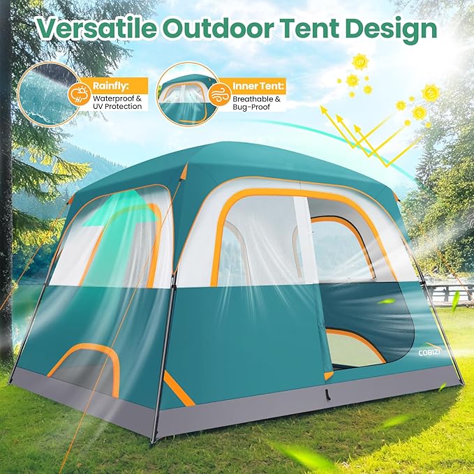 COBIZI Camping Tent, 4/6 Person Easy Setup Waterproof Windproof Backpacking Tent with Removable Rainfly, Lightweight Portable Outdoor Family Tents for Camping, Travel, Fishing, Hiking, Scouts