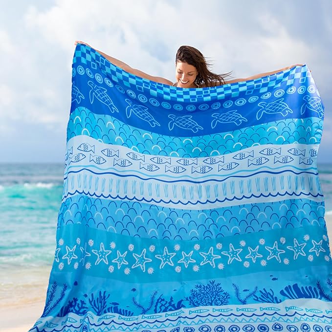 Airensky Beach Blanket, Sandproof Beach Mat 79" X 82" for 4-7 Adults, Large Waterproof Beach Blanket Quick Drying Lightweight Beach Blanket with 4 Stakes for Travel Camping Hiking(Blue Sea World)