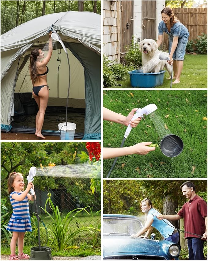 AUTOPkio Portable Shower for Camping, 2-in-1 Camp Shower Pump with Rechargeable Battery, Portable Outdoor Shower for Beach Hiking Outdoor, Pet Cleaning
