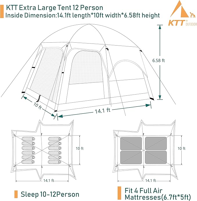KTT Extra Large Tent 10-12-14 Person(B),Family Cabin Tents,2 Rooms,3 Doors and 3 Windows with Mesh,Straight Wall,Waterproof,Double Layer,Big Tent for Outdoor,Picnic,Camping,Family Gathering