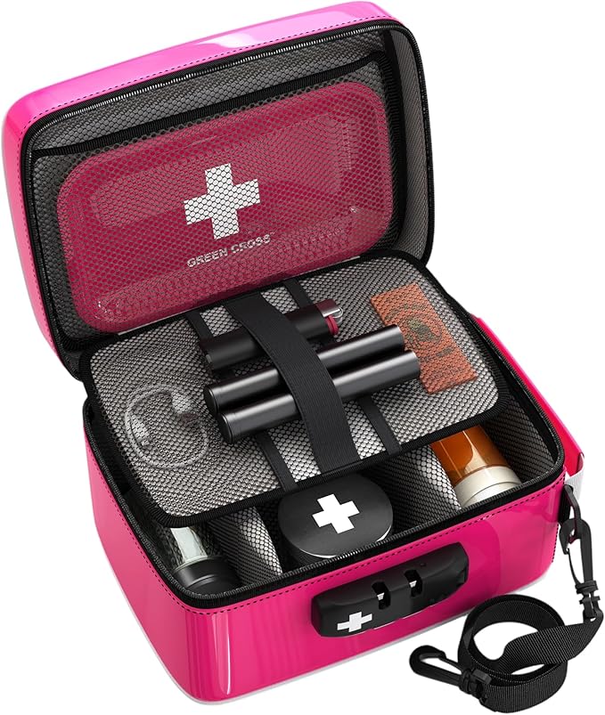 GREEN CROSS Smell Proof Medicine Bag with Combination Lock 8.5" x 5.5" x 4.5"(Pink Vinyl)