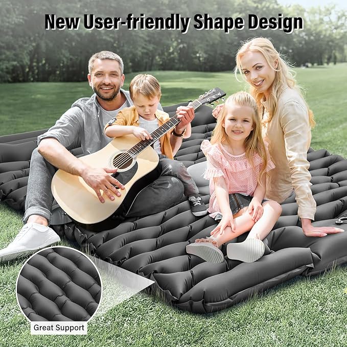 Double Sleeping Pad for Camping, Grey Inflatable Sleeping Mat with Pillow, Ultralight 2 Person Camping Pad with Built-in Foot Pump for Backpacking, Hiking, Tent, Portable Camping Mattress