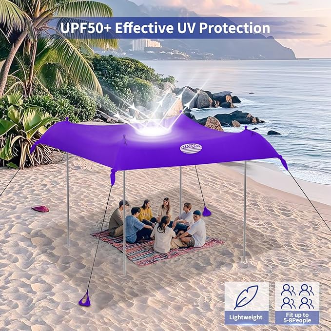 UMARDOO Family Beach Tent Canopy Sun Shade Portable, Large Compact Beach Sun Shelter Easy Setup with Packable Bag for Outdoor Travel (Purple, 12X12 FT. 4Poles)