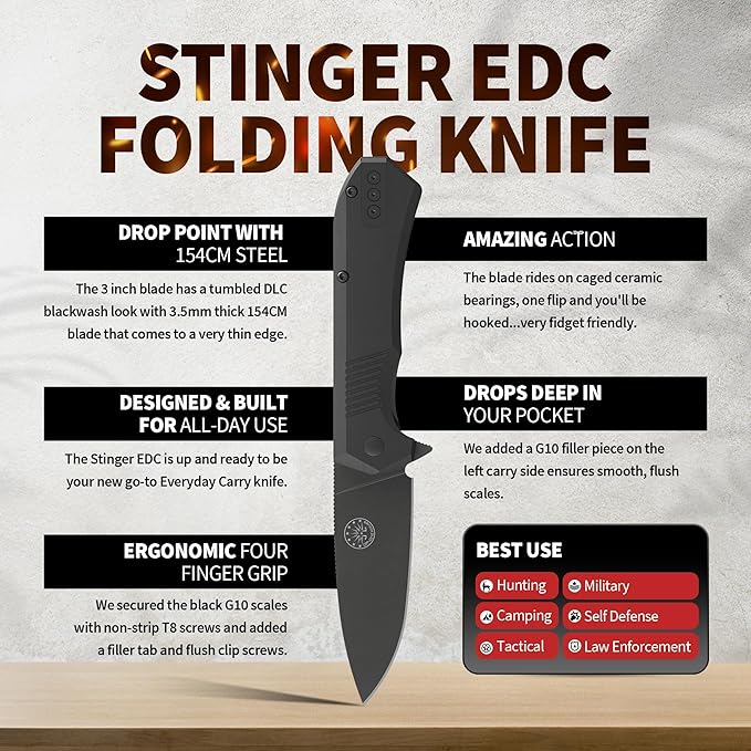 Off-Grid Knives - Stinger EDC Folding Knife with Drop Point Blade, Full Flat Grind, Crucible 154CM Steel, G10 Scales, Deep Carry Clip, Everyday Carry (Blackout)