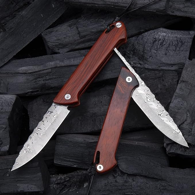 handmade japanese damascus steel blade folding knife tactical pocket knives rosewood handle edc knives with sheath for men