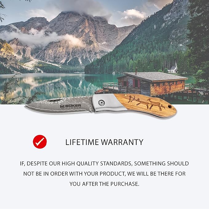 Boker Magnum 01RY818DAM Caveman Damascus Pocket Knife with 3 1/4 in. Damascus Steel Blade, Brown