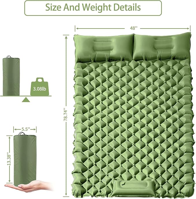 Double Sleeping Pad for Camping, 2 Person Ultralight Inflatable Sleeping Mat with Pillow and Built-in Foot Pump, Portable Camping Mattress for Tent, Backpacking, Hiking, Travel-Upgrade Green