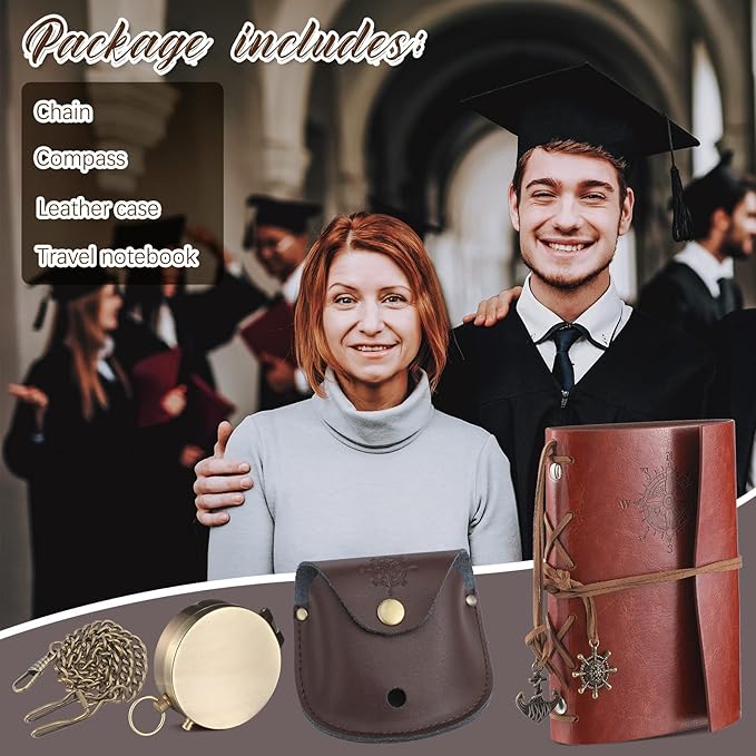 Kanayu 2 Pcs Compass Graduation Gift Compass with Stamped Leather Case and Leather Journal Notebook High School College Graduation Gifts for Him