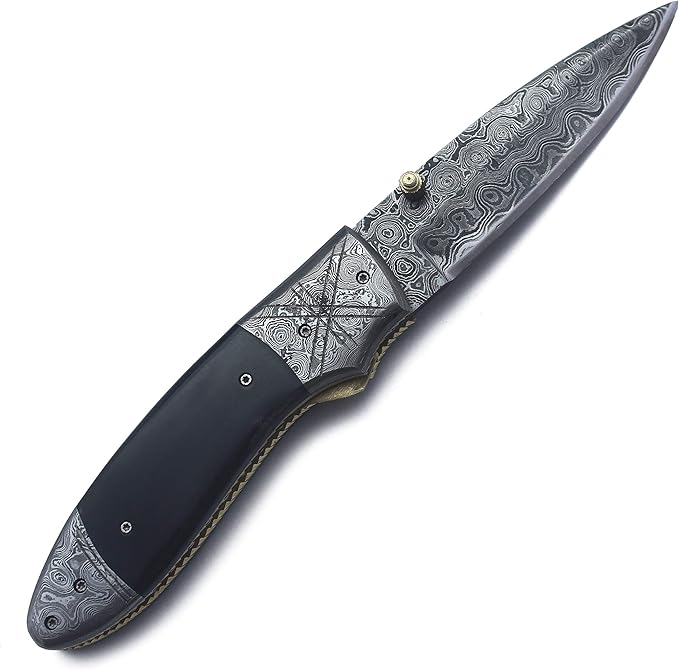 Handmade Damascus Folding Pocket Bowie Knife For EDC,Hunting,Survival,Camping,Fishing Skinning and Bushcraft with Full Tang Micarta Handel and Cowhide-Leather Sheath For Men and Women - DCF21-25