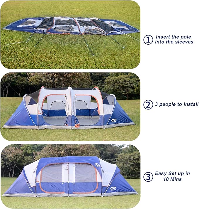 CAMPROS CP Tent-12-Person-Camping-Tents, Waterproof Windproof Family Tent with Top Rainfly, 6 Large Mesh Windows, Double Layer, Easy Set Up, Portable with Carry Bag