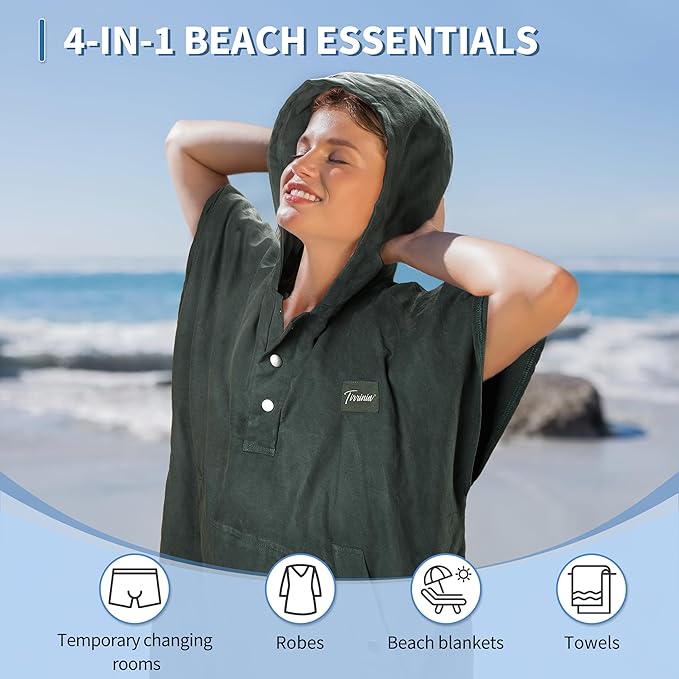 Tirrinia Hooded Surf Poncho Changing Towel Summer Swim Robe with Pocket, Quick Dry Towel Hoodie for Surfing Swimming Diving Men Women