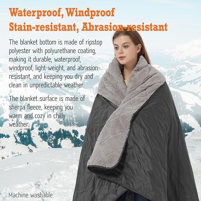 Outdoor/Indoor Sherpa Blanket, Oversized Waterproof Stadium Blanket for Cold Weather. Warm, Soft, Portable, Great for Stadium, Sports Events, Camping, Indoor - 82x56in., Dark Gray
