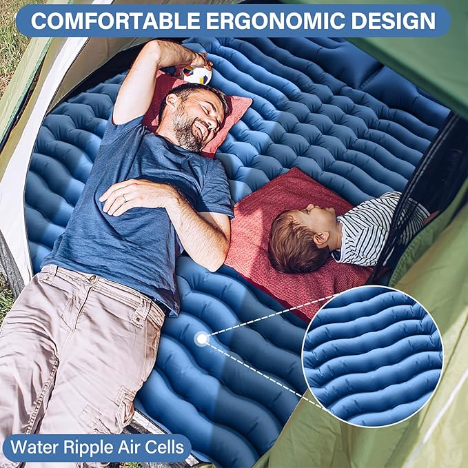 Double Sleeping Pad - Self Inflating Sleeping Mat 4" Extra-Thick for 2 Person with Pillow Built-in Foot Pump Camping Pad for Backpacking, Hiking, Traveling, Tent, Portable Camping Mat