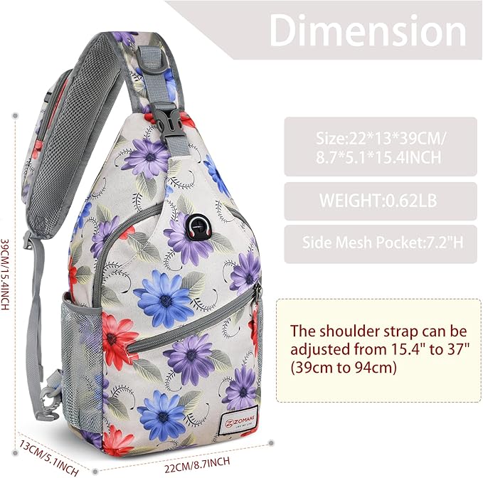 ZOMAKE Sling Bag for Women Men, Small Crossbody Sling Backpack, Mini Water Resistant Shoulder Daypack for Travel, Anti Thief Chest Bag for Hiking, Sports(Color Chrysanthemum)