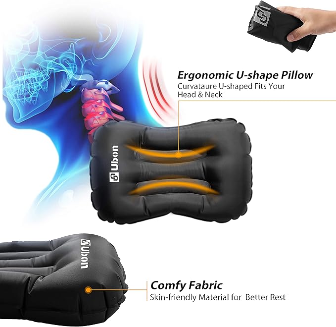 Ubon Double Self-Inflating Sleeping Mat Inflatable Mattress with Pillows Comfortable ASleep Pad for 2 People 1.5" Sponge Filling Ergonomic Pillow Portable Lightweight Camping Bed - Black