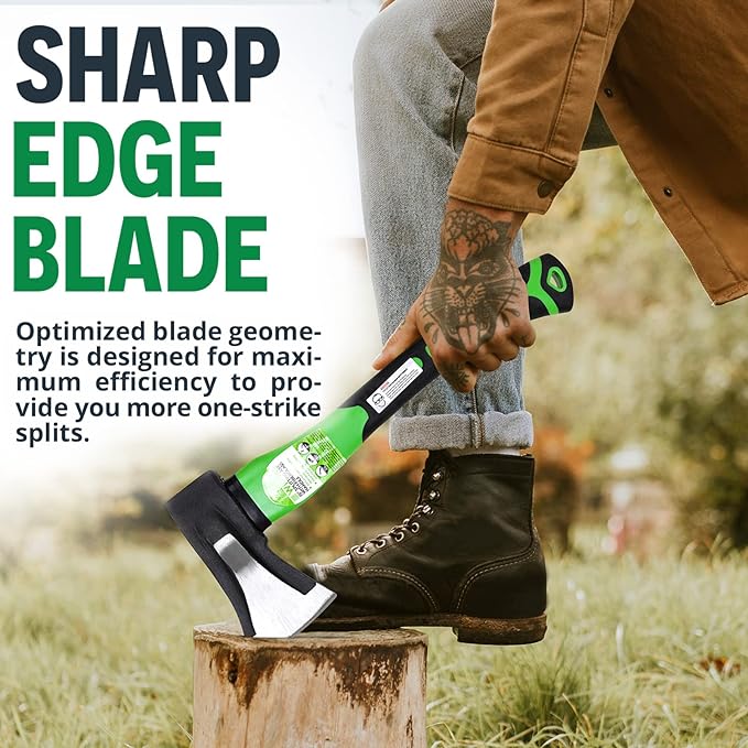 WilFiks Splitting Axe, 15” Camping Hatchet for Chopping and Kindling Wood and Branches, Forged Carbon Steel Hand Maul Tool for Gardening, Fiberglass Shock Reduction Handle with Anti-Slip Grip