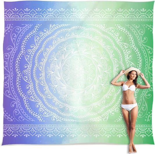 Sunlit 10'x9' Extra Large Boho Sand Proof Beach Blanket, Sand Proof Mat with Corner Pockets and Mesh Bag for Beach Party, Travel, Camping and Outdoor Music Festival, Blue Violet Sea Green Mandala